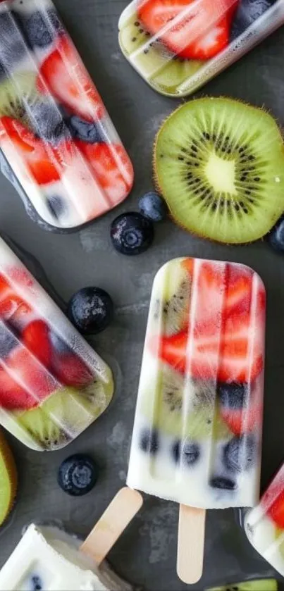Colorful fruit popsicles with kiwi slices and berries.