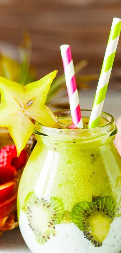 Vibrant smoothie jars with fresh fruits and colorful straws.