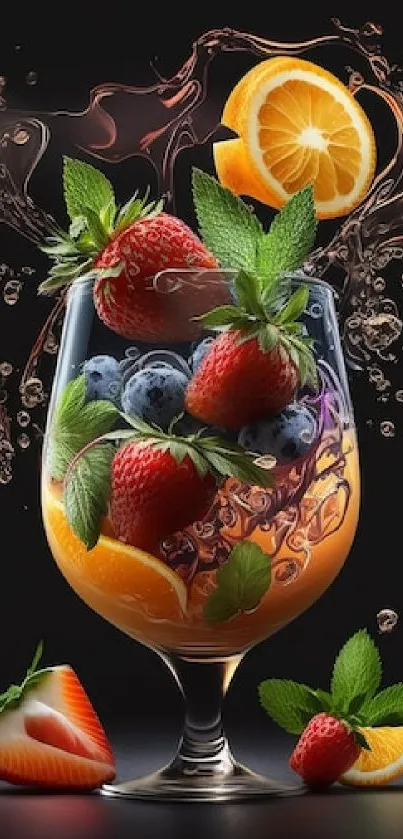 Vibrant fruit splash in a glass with strawberries and oranges on dark background.