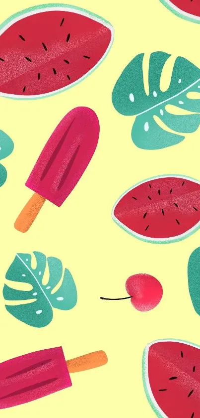 Playful summer wallpaper with fruit and popsicles on a yellow background.