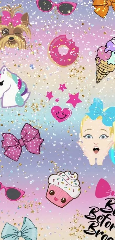 Colorful wallpaper with unicorns, bows, and playful cartoon designs.