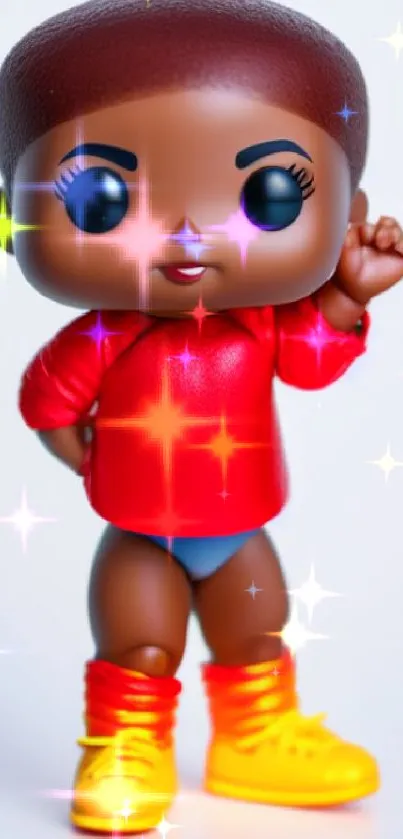 Colorful Funko Pop character in red outfit with expressive pose.