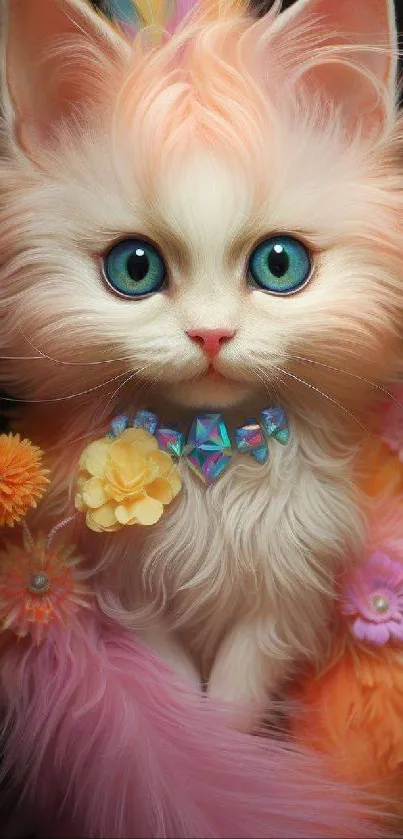 Fluffy cat with blue eyes and colorful flowers.