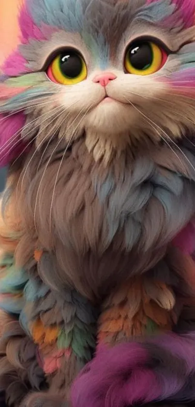 Colorful furry kitten with rainbow fur sitting and looking curious.