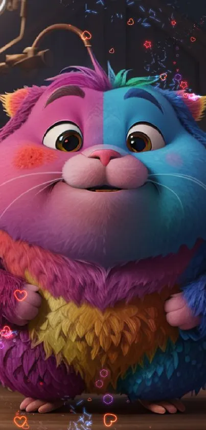 Vibrant colorful furry creature wallpaper with rainbow hues.