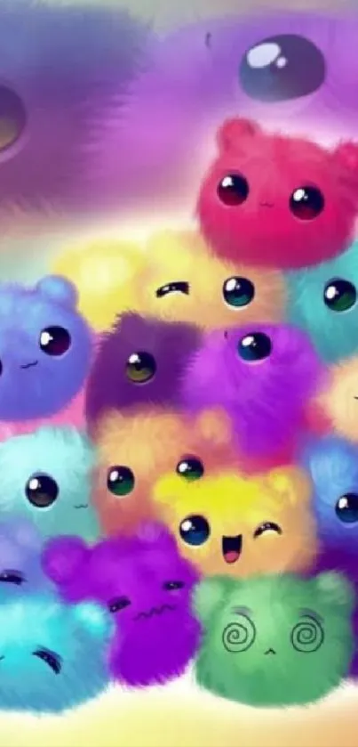 Colorful and cute furry creatures in a playful arrangement.