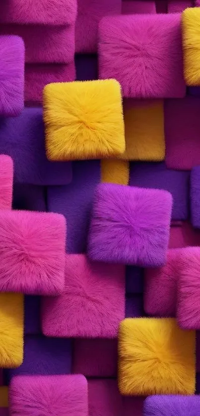 Colorful furry cubes in pink, yellow, and purple.