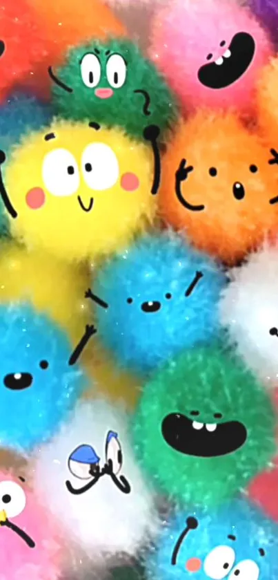 Colorful fluffy cartoon faces on a vibrant background.