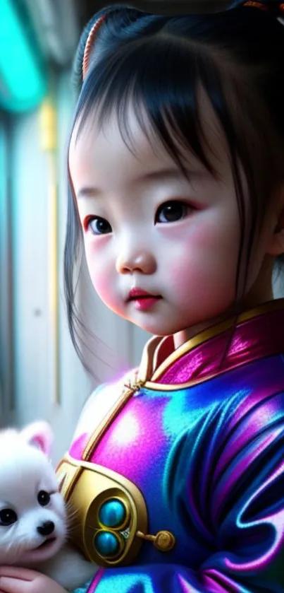 Futuristic child in colorful attire with pet.