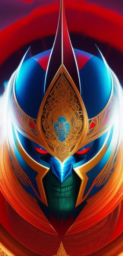 Colorful, intricate helmet design in a vibrant red and blue theme.