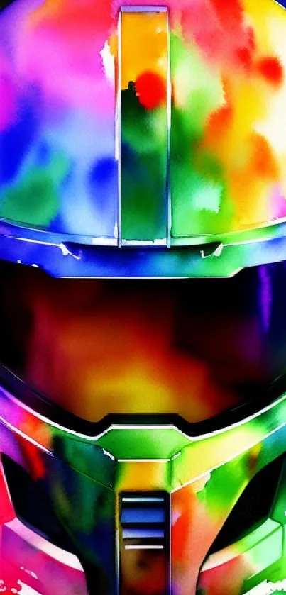 Colorful abstract artwork of a futuristic helmet on a phone wallpaper.