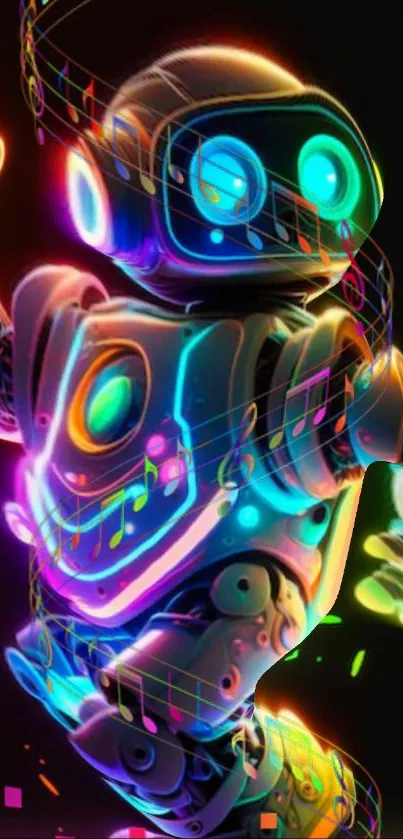 Vibrant neon robot with musical notes theme