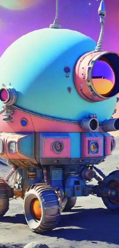 Futuristic space rover on alien landscape with vibrant colors.