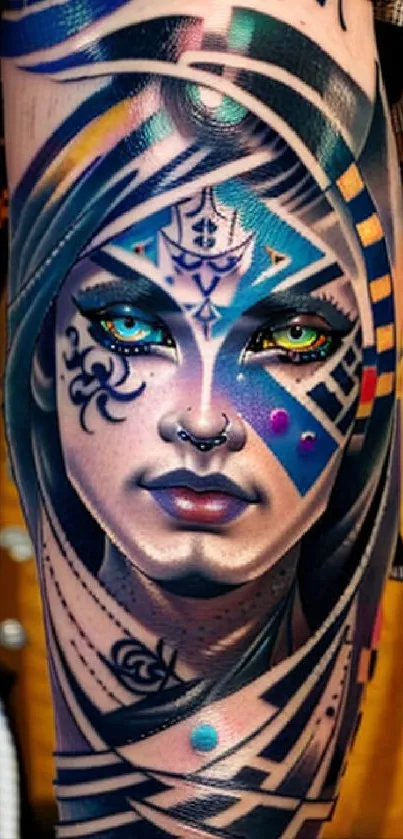 Futuristic tattoo art with vibrant colors on mobile wallpaper.