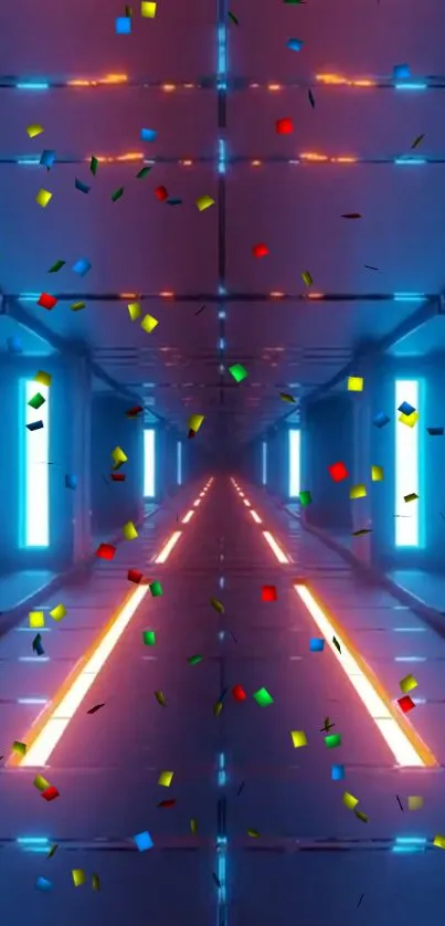 Vibrant futuristic tunnel with colorful confetti and dynamic lighting effects.