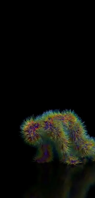 Colorful fuzzy creature on black background, abstract art.