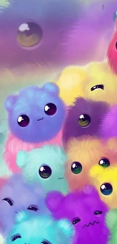 Colorful fuzzy creatures in a vibrant mobile wallpaper design.