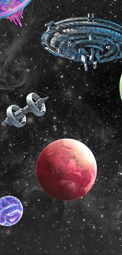 Colorful space wallpaper with planets and spacecraft.