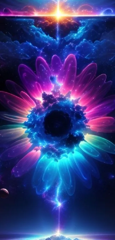 Vibrant cosmic flower digital art with blue and purple hues on a mobile wallpaper.