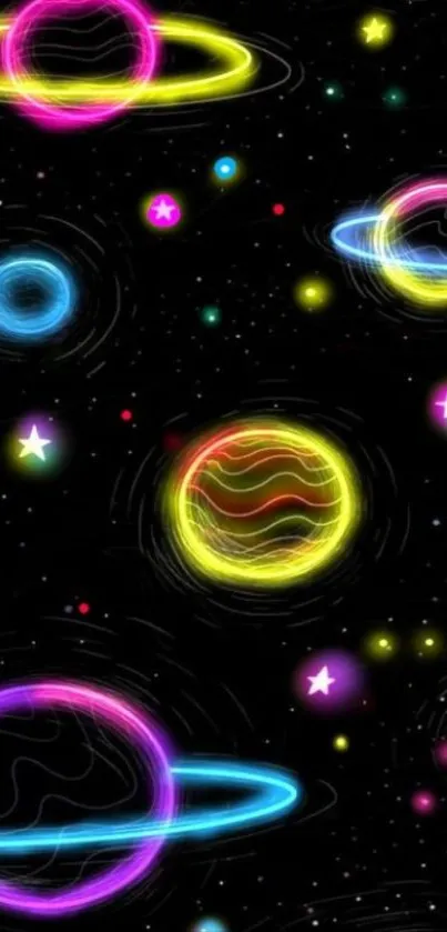 Colorful neon planets and stars wallpaper.