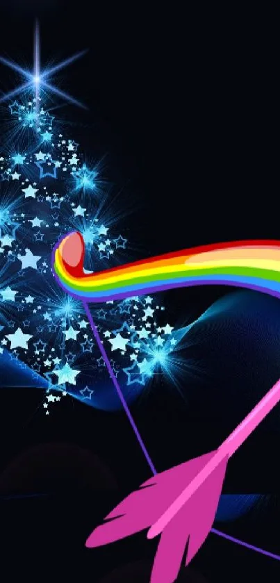 Vibrant cosmic wallpaper with archery theme and starry backdrop.