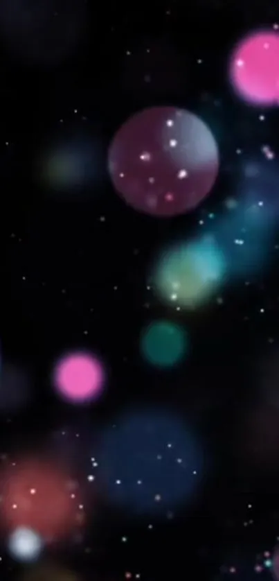 Mobile wallpaper with colorful bokeh orbs on a starry black background.