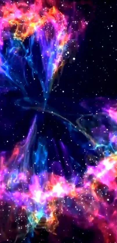 Colorful galaxy burst wallpaper with vibrant purples and blues, featuring stars.