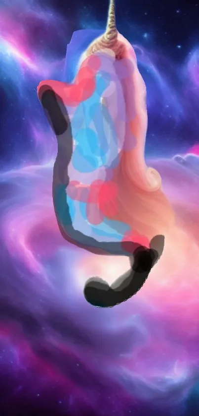 A colorful cat with a unicorn horn floating in a vibrant galaxy background.