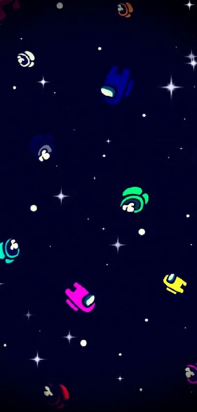 Colorful crewmates floating in starry space on a mobile wallpaper.