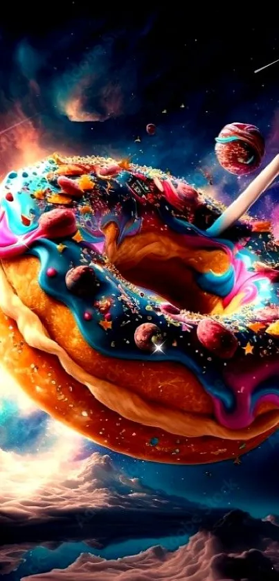 Colorful donut floats in a vibrant galaxy scene with cosmic clouds.