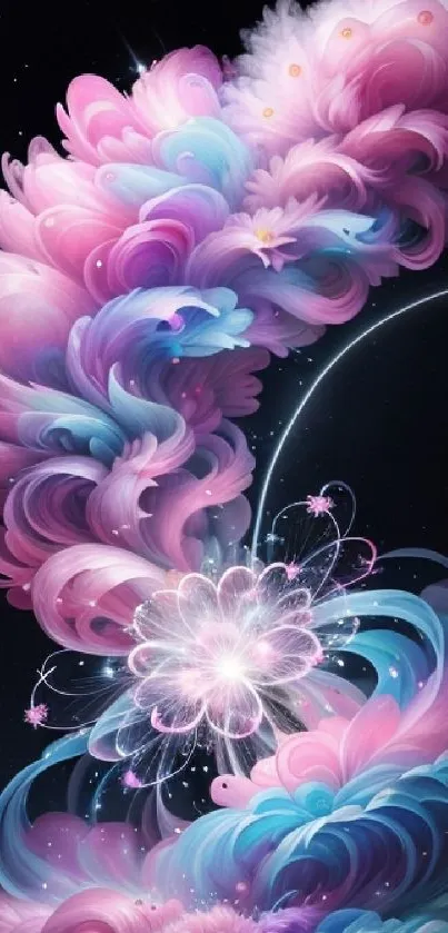 Colorful cosmic swirl wallpaper with pastel pink and blue hues.