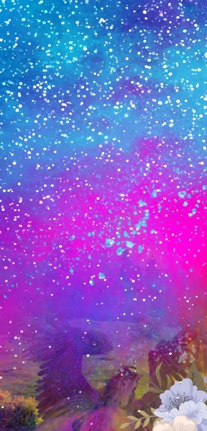 Colorful galaxy fantasy wallpaper with stars and flowers.