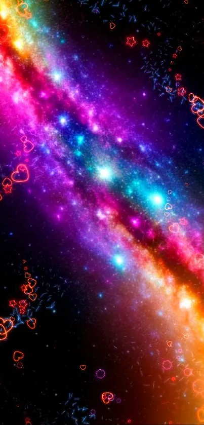 Vibrant galaxy with heart designs in colorful cosmic theme.