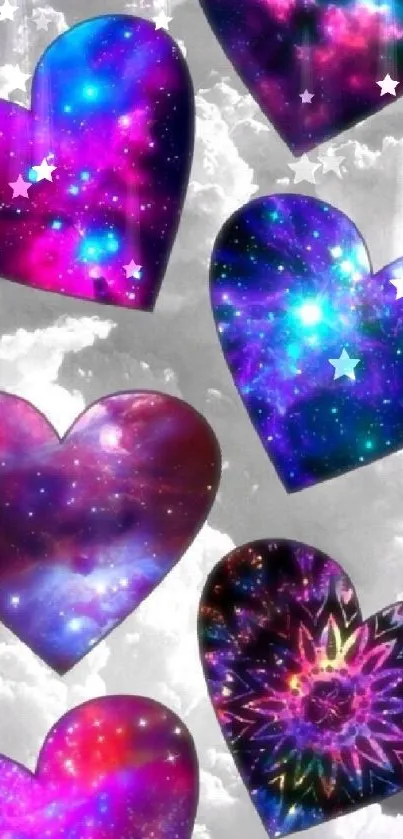 Colorful galaxy hearts background with starry details.