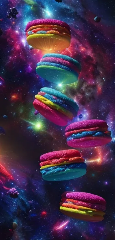 Colorful macarons float in a vibrant galaxy-themed mobile wallpaper.