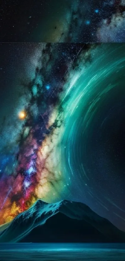 Vivid galaxy swirling above a mountain.