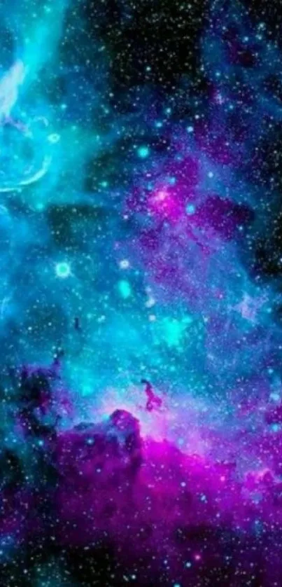 Vibrant purple and blue galaxy wallpaper with stars and nebulas for mobile devices.