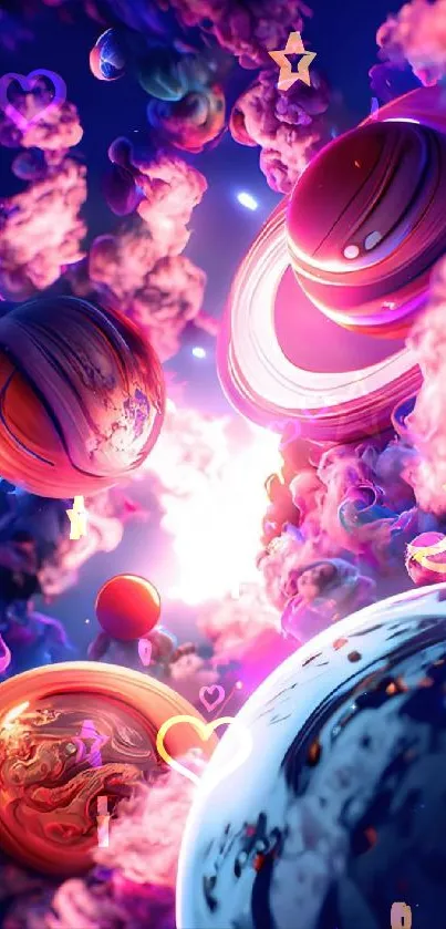 Colorful planets with cosmic clouds in vibrant space scene.