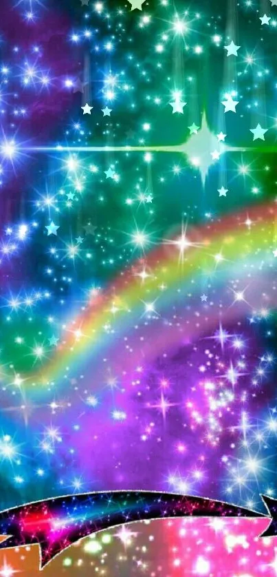 Colorful galaxy wallpaper with stars and rainbow sparkle.