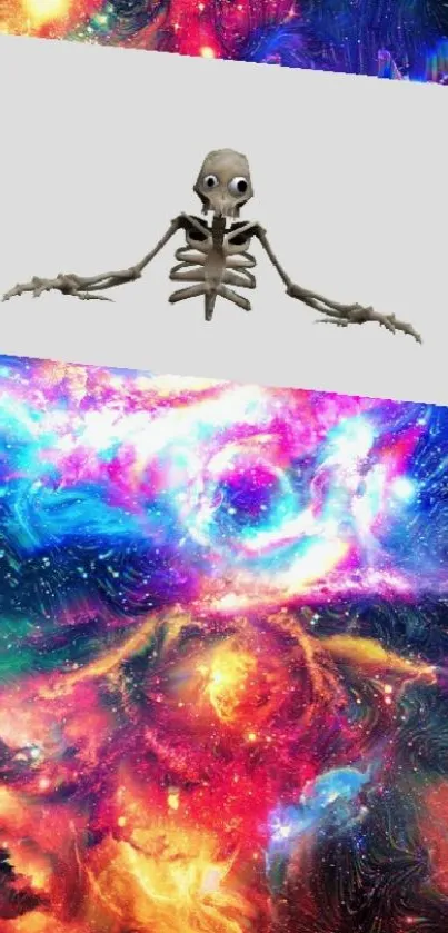 Colorful galaxy wallpaper with a skeleton design.