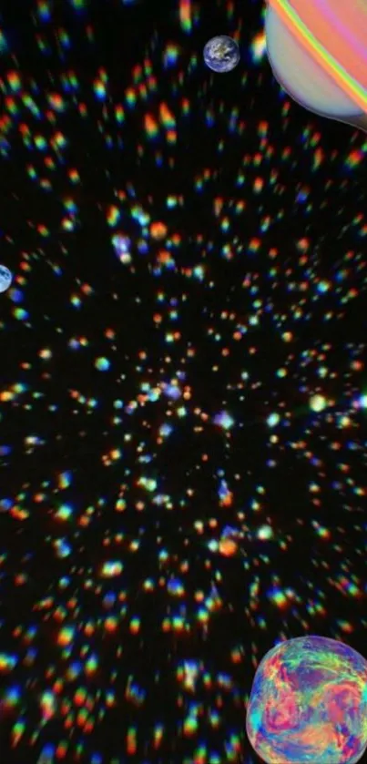 Colorful stars and planets in a galaxy space scene.