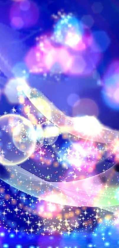 Colorful galaxy-themed wallpaper with sparkles.