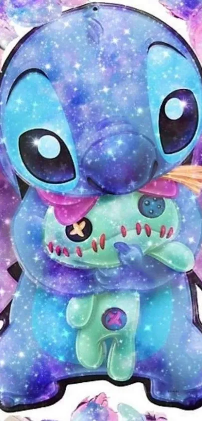 Cute colorful Stitch holding toy in a galaxy themed wallpaper.