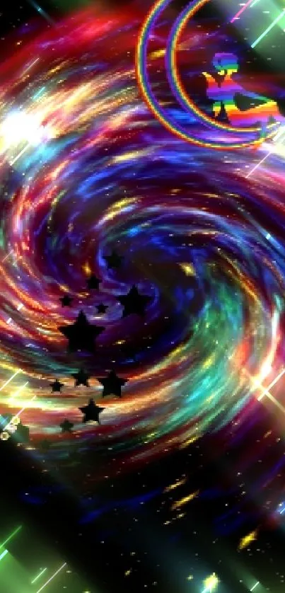 A colorful galaxy swirl with a crescent moon and stars.