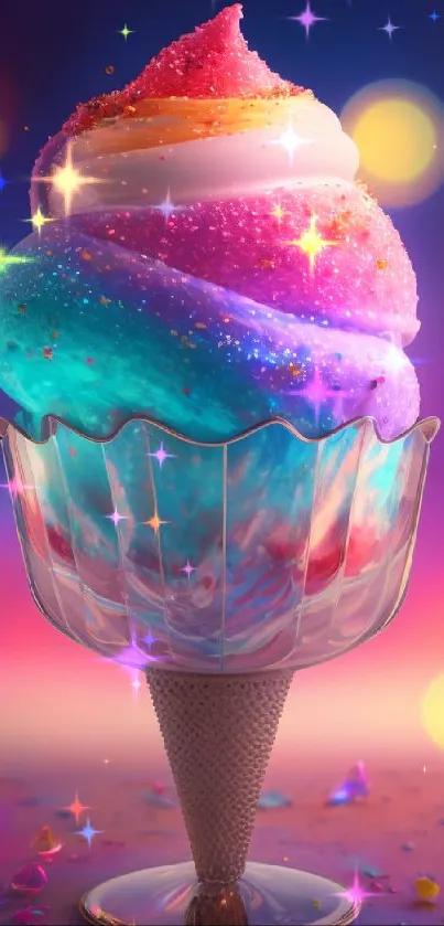 Colorful galaxy swirl ice cream cone with dreamy bokeh lights.