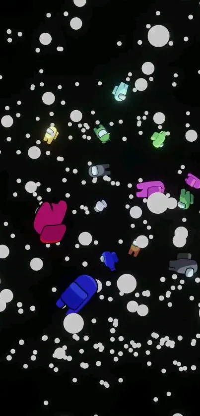 Vibrant galaxy wallpaper with colorful characters floating among glowing bubbles on a black background.