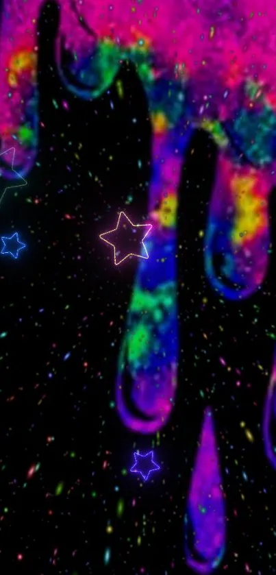 Colorful galaxy wallpaper with neon drips and stars.