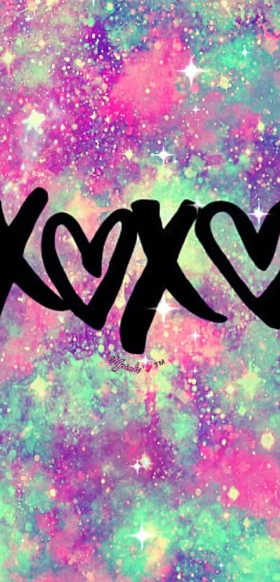 Colorful XOXO wallpaper with galaxy and heart design.