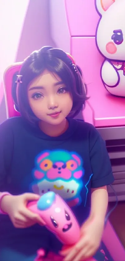 Girl with pink controller in a colorful gaming setting.