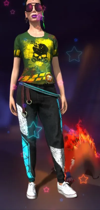 Colorful gamer character with purple and teal accents on a dynamic background.